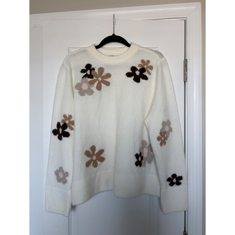 Sam and Jess Womens XL White Floral Knit Crewneck Sweater Brown Tan Daisy Soft